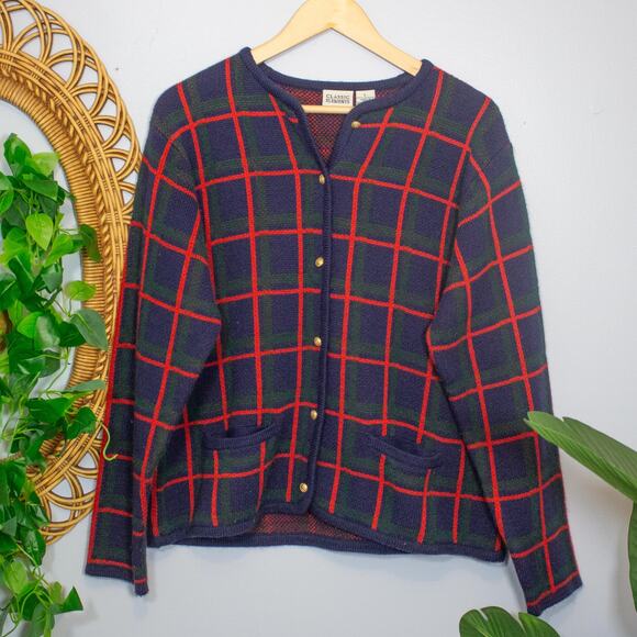 Vtg 90s Plaid Cardigan Windowpane Button Sweater Navy Red Green L | True Winter - Picture 1 of 8
